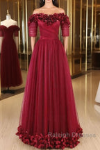 Off The Shoulder Flowers Burgundy Tulle Long Prom Dress