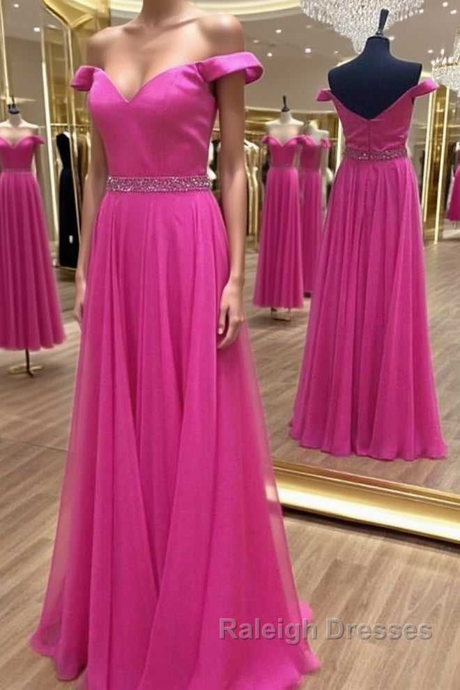 Off the Shoulder Fuchsia Long Prom Dresses with Belt, Off Shoulder Fuchsia Formal Evening Dresses Main image