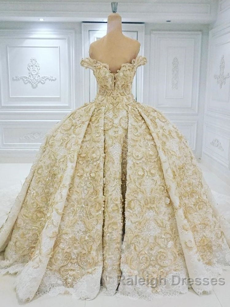 Off the shoulder Golden Lace Appliques Formal Ball Gown Wedding Dress