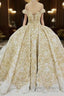 Off the shoulder Golden Lace Appliques Formal Ball Gown Wedding Dress