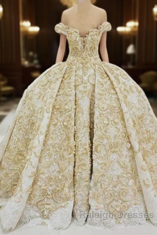 Off the shoulder Golden Lace Appliques Prom Ball Gown Wedding Dresses Main image