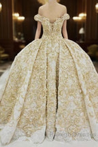 Off the shoulder Golden Lace Appliques Prom Ball Gown Wedding Dresses