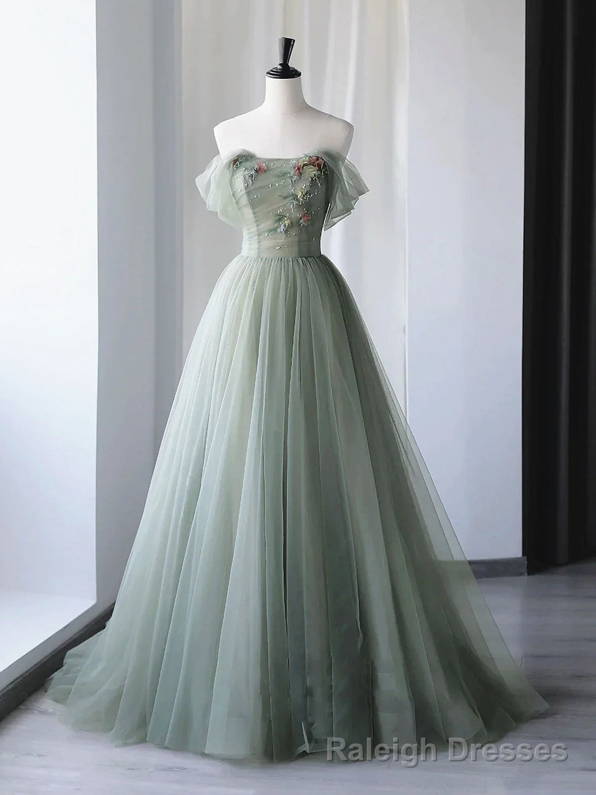 Off the Shoulder Green Floral Long Prom Dresses, Green Floral Long Formal Evening Dresses Main image