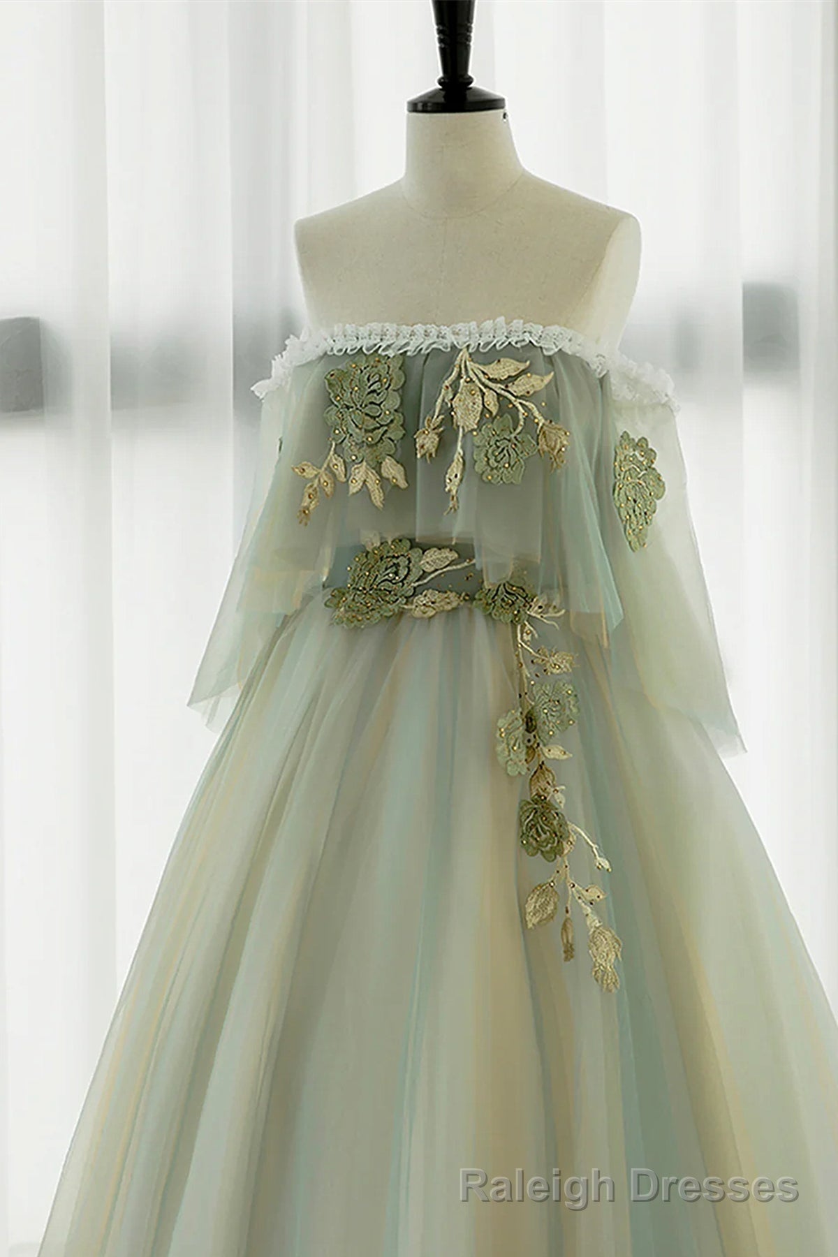 Off the Shoulder Green Lace Floral Prom Dresses, Green Tulle Floral Long Formal Evening Dresses