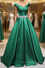 Off the Shoulder Green Long Prom Dress with Corset Back, Off Shoulder Long Green Formal Evening Dresses