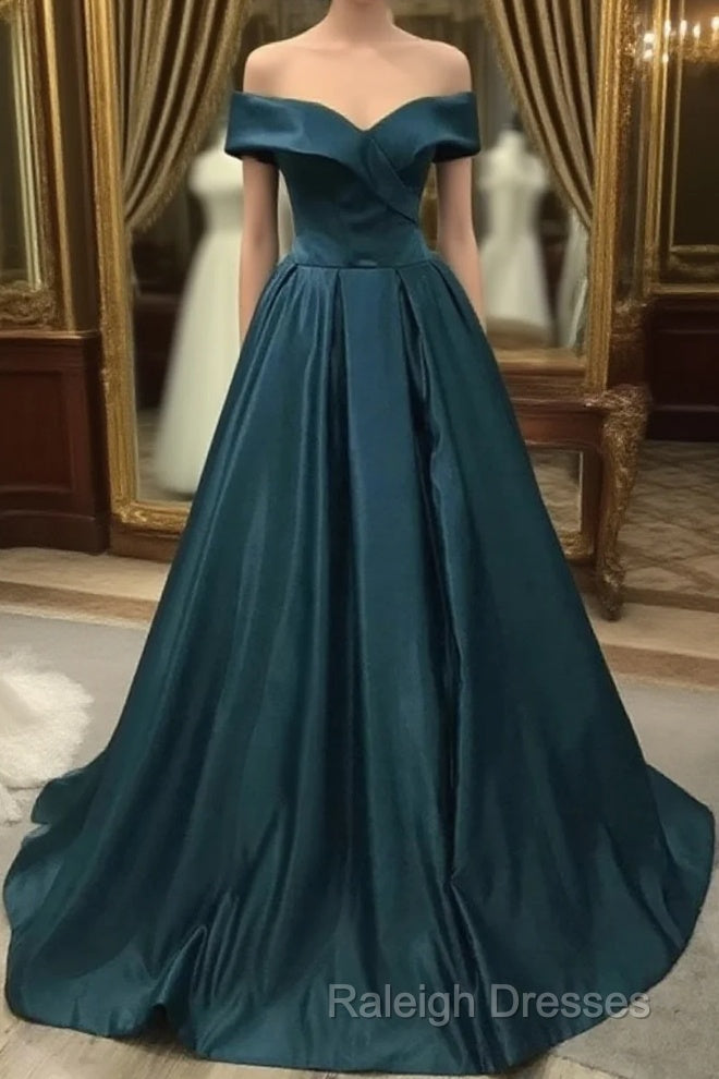Off The Shoulder Green Long Satin Prom Dresses Main image