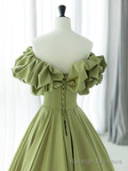 Off the Shoulder Green Satin Long Prom Dresses, Green Satin Long Formal Prom Dresses