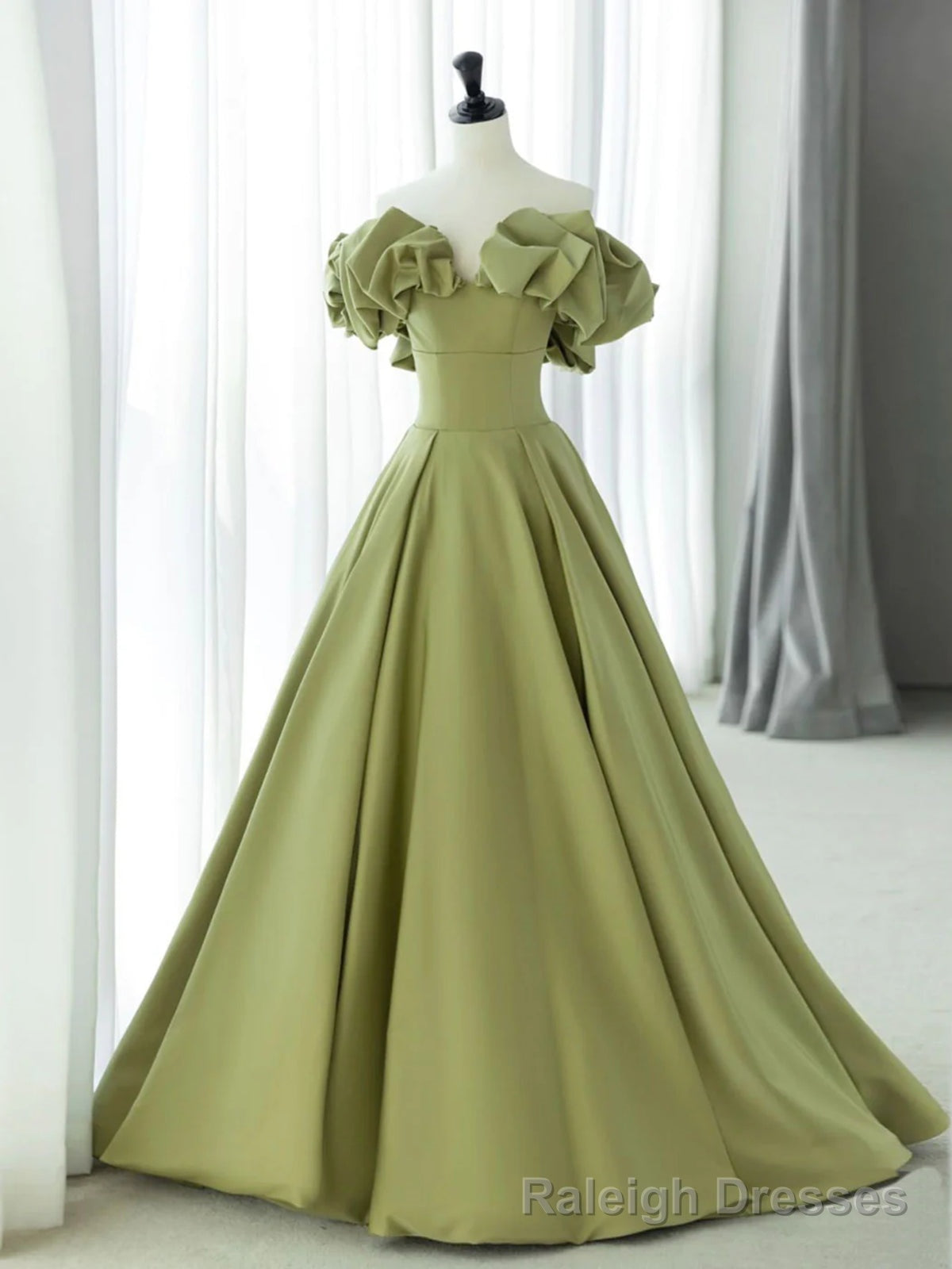 Off the Shoulder Green Satin Long Prom Dresses, Green Satin Long Formal Evening Dresses Main image