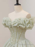 Off the Shoulder Green Tulle Beaded Prom Dresses, Green Beaded Off Shoulder Formal Prom Dresses