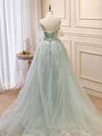 Off The Shoulder Green Tulle Long Prom Dresses
