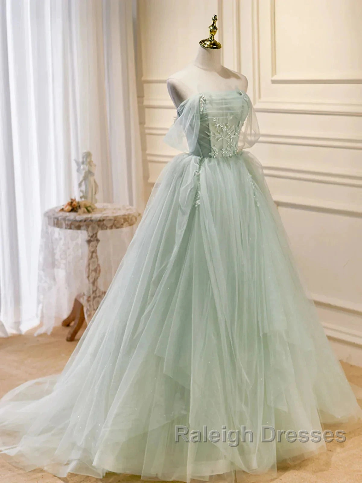 Off The Shoulder Green Tulle Long Prom Dresses, Green Long Formal Evening Dresses Secondary image