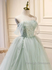 Off The Shoulder Green Tulle Long Prom Dresses, Green Long Formal Evening Dresses