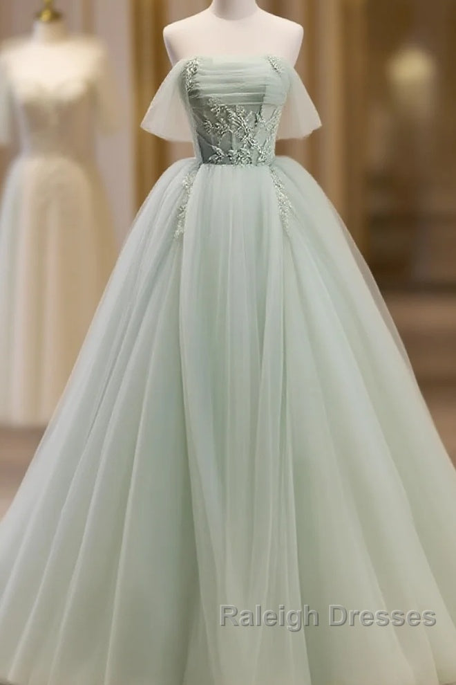 Off The Shoulder Green Tulle Long Prom Dresses, Green Long Formal Evening Dresses Main image