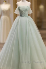 Off The Shoulder Green Tulle Long Prom Dresses, Green Long Formal Evening Dresses