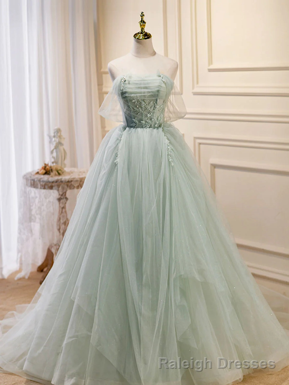Off the Shoulder Green Tulle Long Prom Dresses, Green Off Shoulder Long Formal Evening Dresses Secondary image