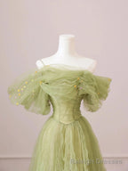 Off the Shoulder Green Tulle Long Prom Dresses, Green Tulle Long Formal Prom Dresses