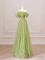 Off the Shoulder Green Tulle Long Prom Dresses, Green Tulle Long Formal Evening Dresses
