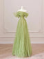 Off the Shoulder Green Tulle Long Prom Dresses, Green Tulle Long Formal Evening Dresses