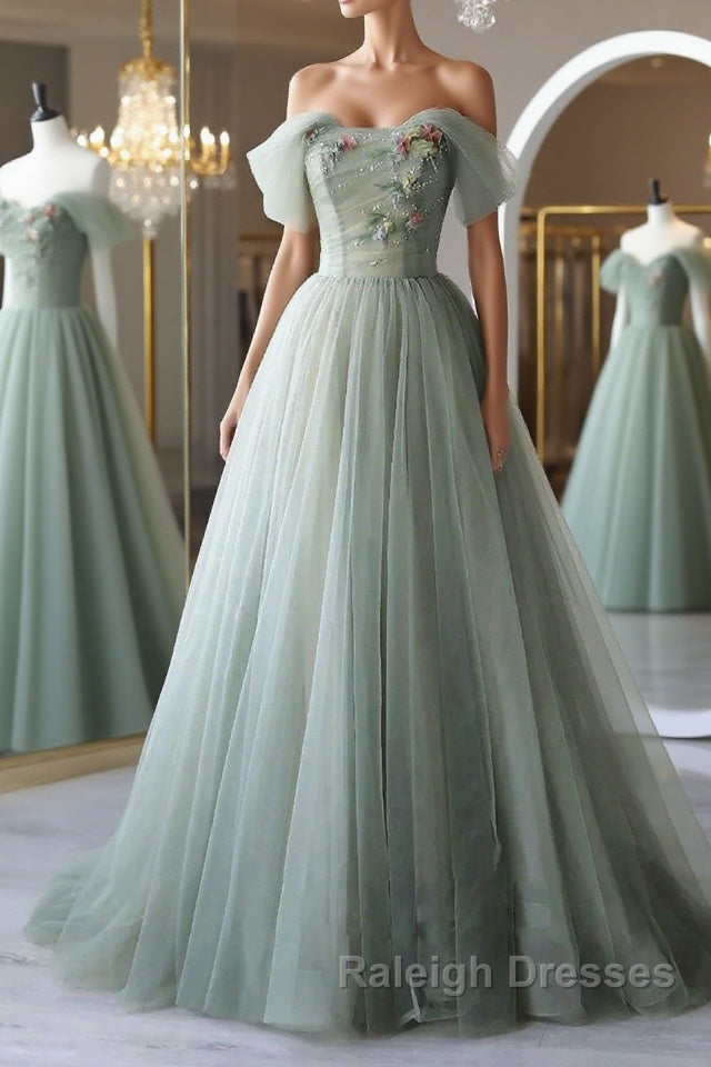 Off the Shoulder Green Tulle Long Prom Dresses, Green Tulle Off Shoulder Formal Evening Dresses Main image