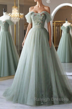 Off the Shoulder Green Tulle Long Prom Dress Green Tulle Off Shoulder Prom Dress