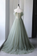 Off the Shoulder Green Tulle Long Prom Dress Green Tulle Off Shoulder Prom Dress