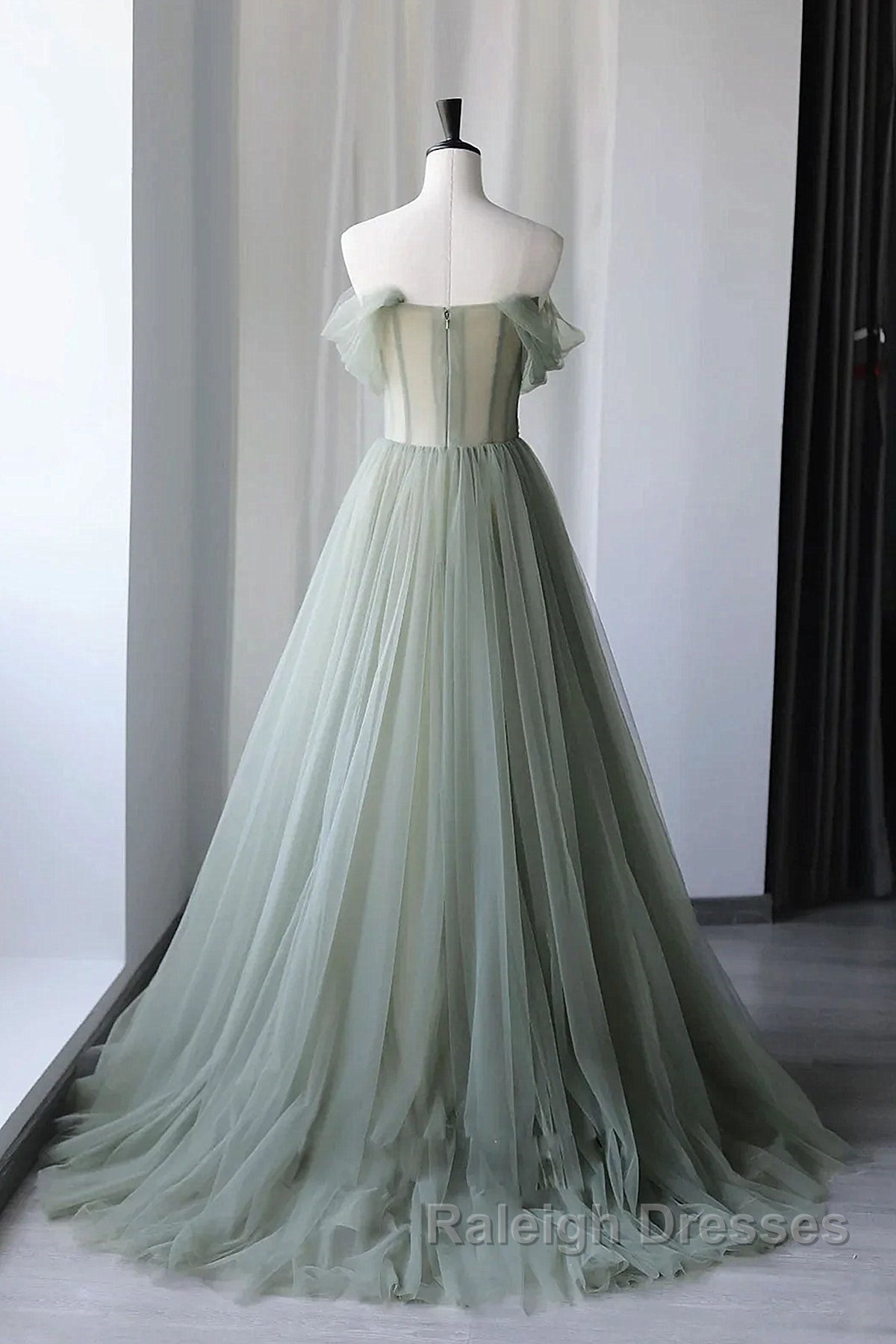 Off the Shoulder Green Tulle Long Prom Dress Green Tulle Off Shoulder Prom Dress