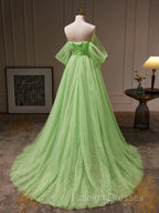 Off The Shoulder Green Tulle Long Prom Dresses, Off Shoulder Green Long Formal Graduation Dresses