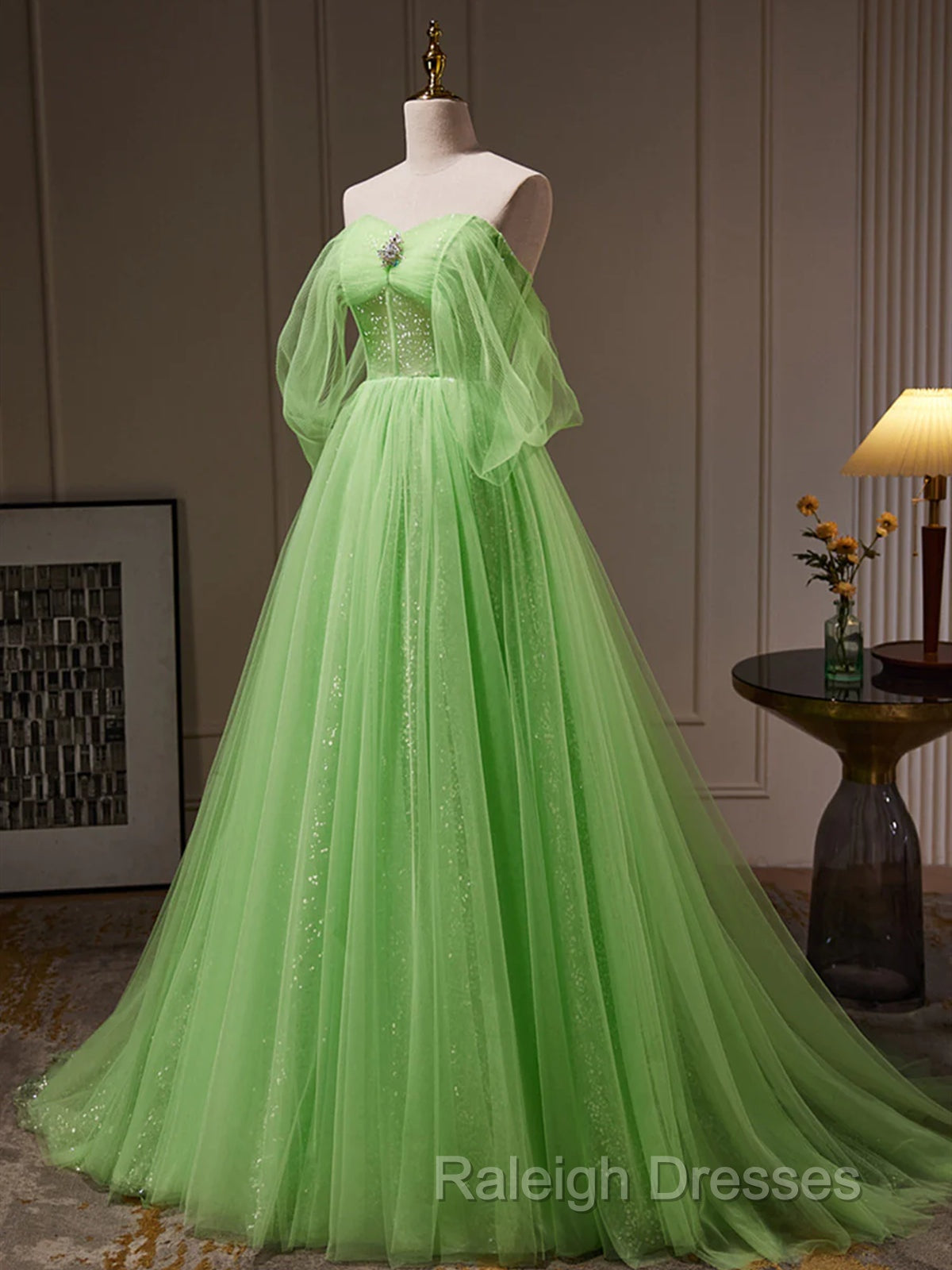 Off The Shoulder Green Tulle Long Prom Dress Off Shoulder Green Long Prom Graduation Dress