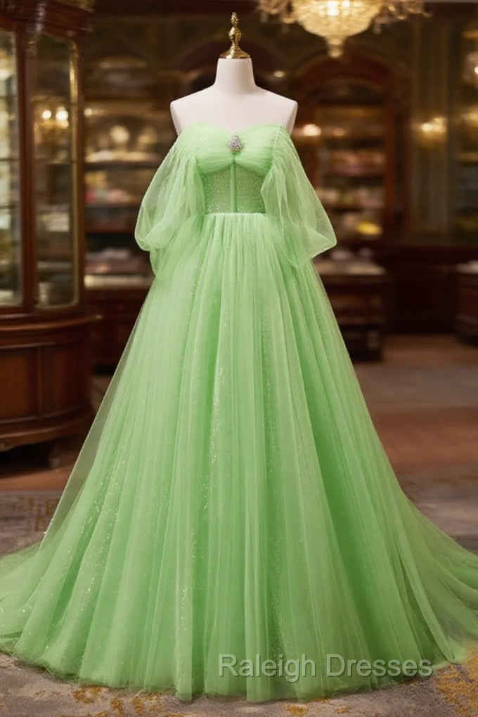Off The Shoulder Green Tulle Long Prom Dresses, Off Shoulder Green Long Formal Graduation Dresses Main image