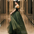 Off The Shoulder Green Tulle Prom Dress A Line Birthday Party Dress