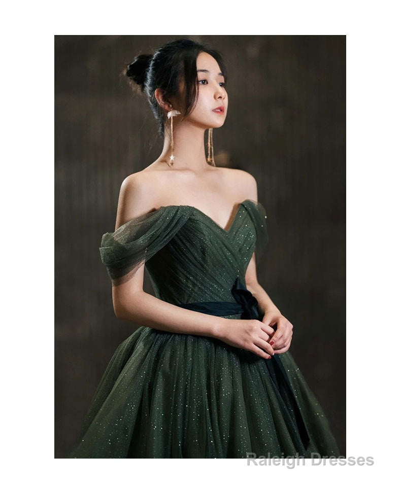 Off The Shoulder Green Tulle Prom Dress A Line Birthday Party Dress