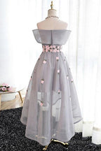 Off-The-Shoulder  High Low Grey Tulle Homecoming Dress With Appliques