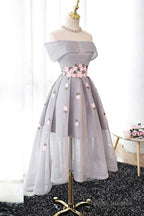 Off-The-Shoulder  High Low Grey Tulle Homecoming Dress With Appliques