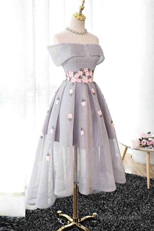 Off-The-Shoulder  High Low Grey Tulle Homecoming Dress With Appliques