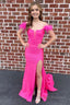 Off The Shoulder Hot Pink Mermaid Long Prom Dress with Feathers