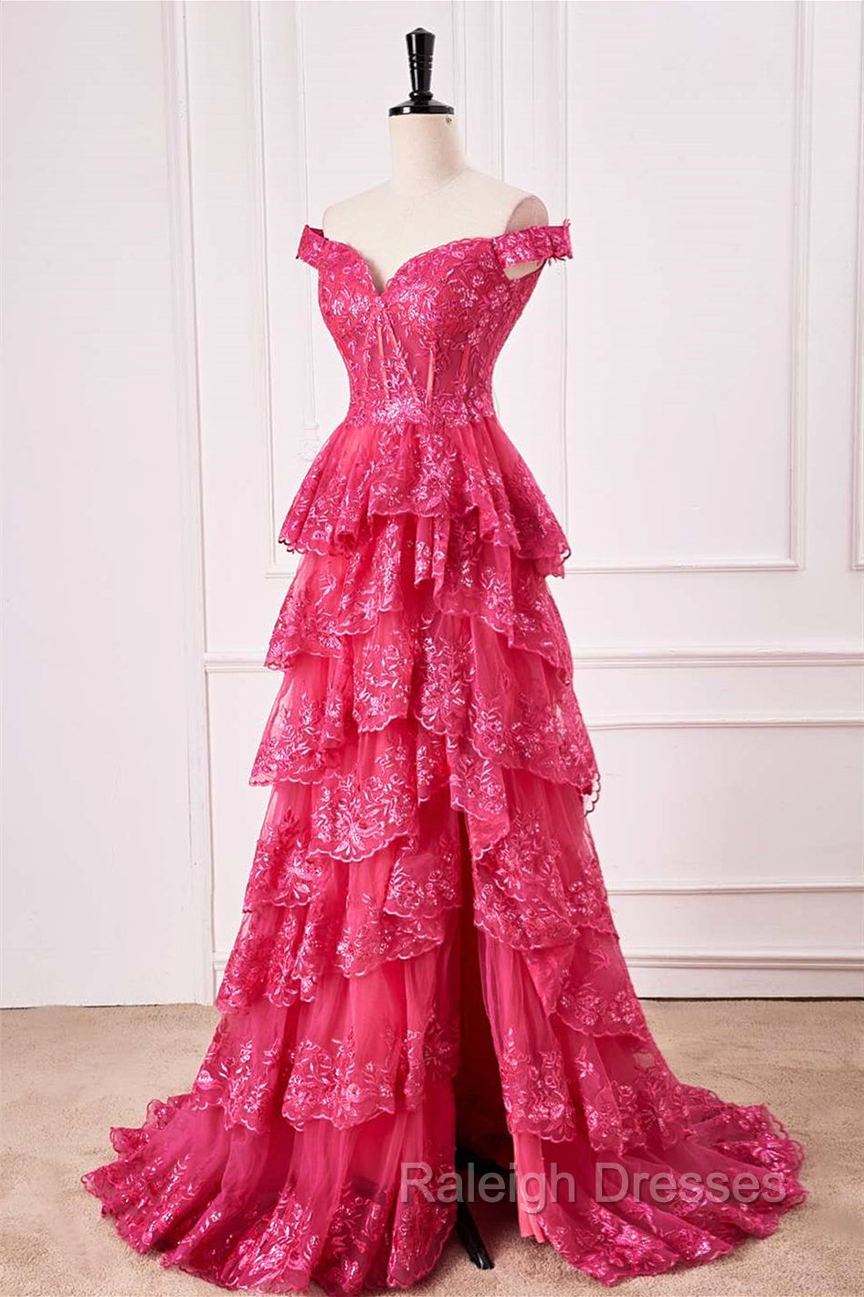 Off The Shoulder Hot Pink Sequin Tiered Prom Dress With Slit
