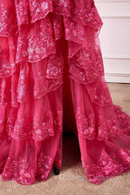 Off The Shoulder Hot Pink Sequin Tiered Prom Dress With Slit