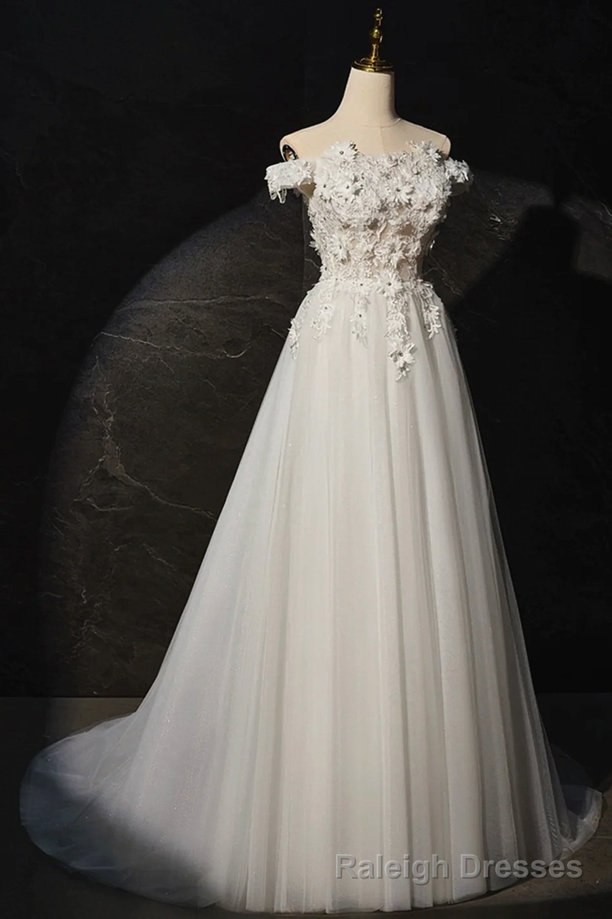 Off the Shoulder Ivory Lace Floral Long Prom Dresses, Off Shoulder Ivory Lace Floral Long Formal Evening Dresses Secondary image