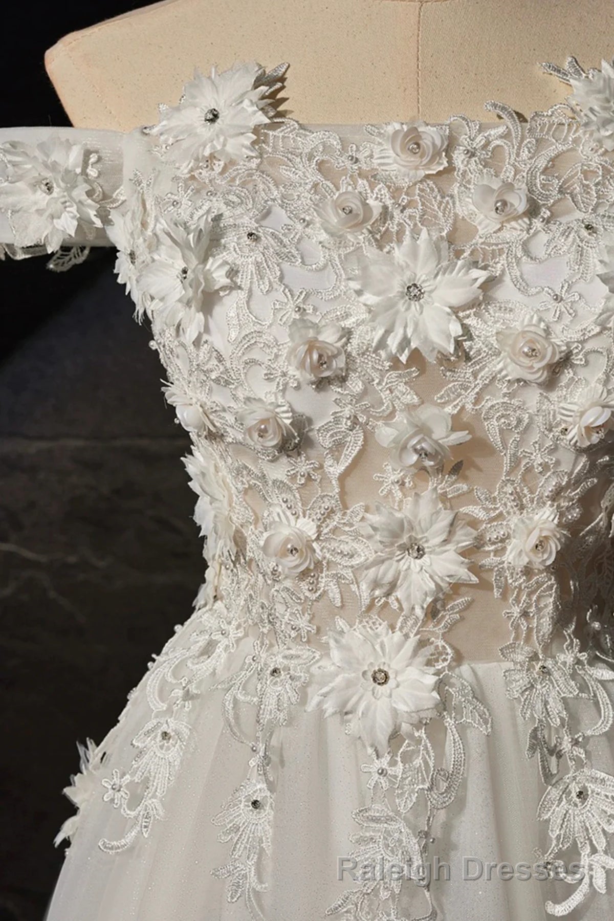 Off the Shoulder Ivory Lace Floral Long Prom Dresses, Off Shoulder Ivory Lace Floral Long Formal Prom Dresses