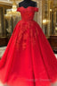 Off The Shoulder Lace Red Prom Dresses A Line Sequin Evening Gowns