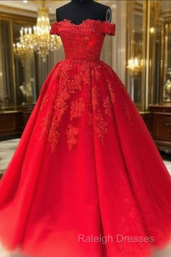 Off The Shoulder Lace Red Prom Dress A-Line Sequin Prom Gowns Main image