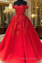 Off The Shoulder Lace Red Prom Dress A-Line Sequin Prom Gowns