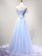 Off the Shoulder Light Blue Floral Long Prom Dresses, Off Shoulder Light Blue Formal Prom Dresses