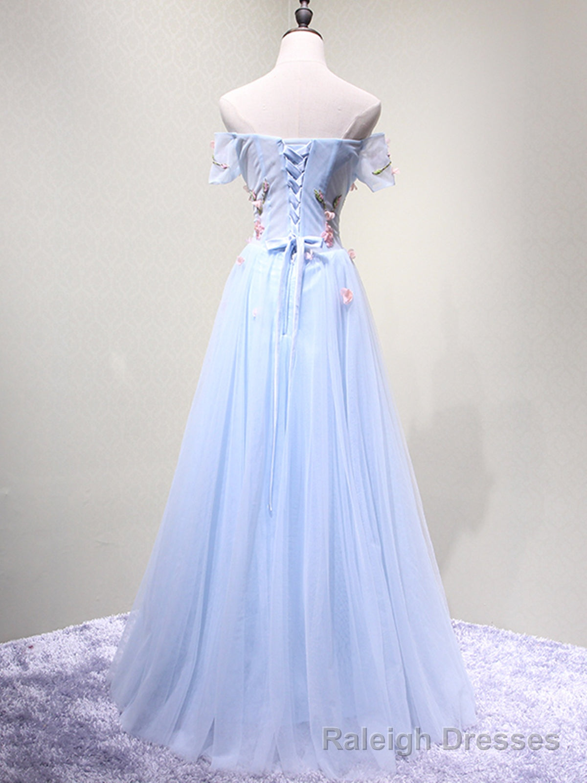 Off the Shoulder Light Blue Floral Long Prom Dresses, Off Shoulder Light Blue Formal Prom Dresses