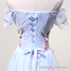 Off the Shoulder Light Blue Floral Long Prom Dresses, Off Shoulder Light Blue Formal Prom Dresses