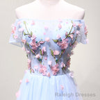 Off the Shoulder Light Blue Floral Long Prom Dresses, Off Shoulder Light Blue Formal Evening Dresses