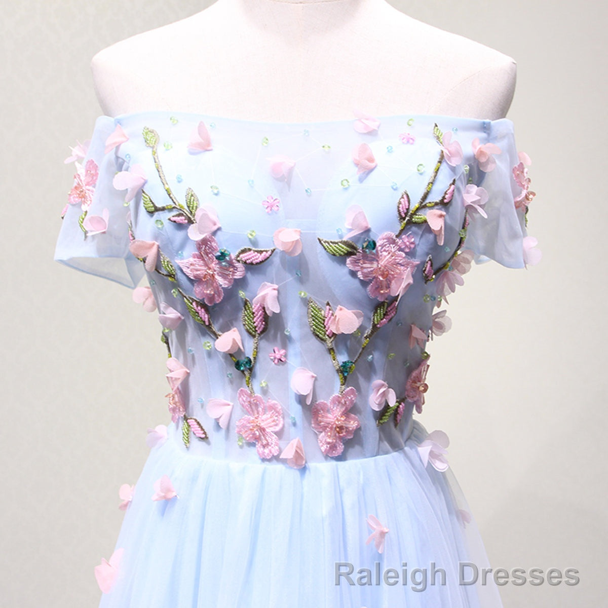 Off the Shoulder Light Blue Floral Long Prom Dresses, Off Shoulder Light Blue Formal Evening Dresses