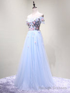 Off the Shoulder Light Blue Floral Long Prom Dresses, Off Shoulder Light Blue Formal Prom Dresses