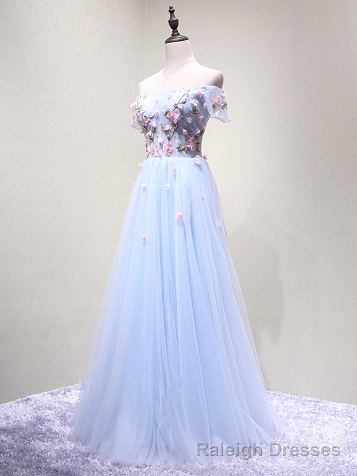 Off the Shoulder Light Blue Floral Long Prom Dresses, Off Shoulder Light Blue Formal Prom Dresses