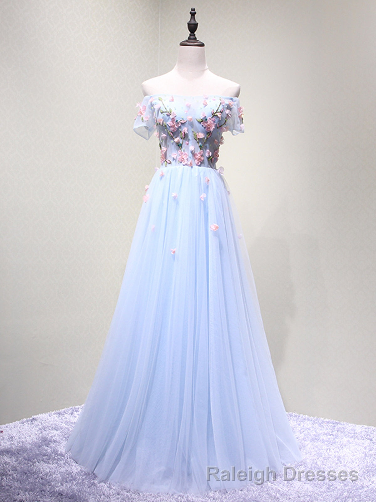 Off the Shoulder Light Blue Floral Long Prom Dresses, Off Shoulder Light Blue Formal Prom Dresses Secondary image